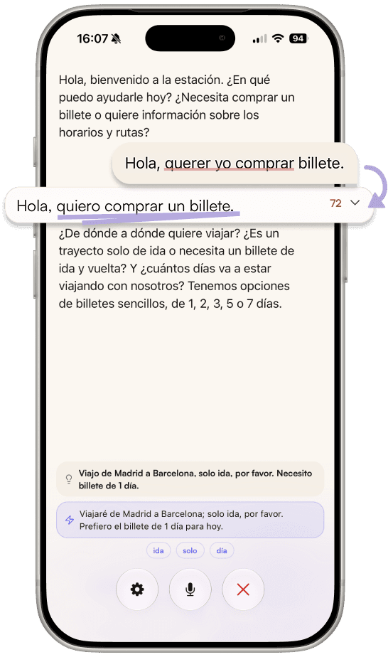Talq AI on iPhone: a live voice conversation practising Spanish with instant feedback on every sentence